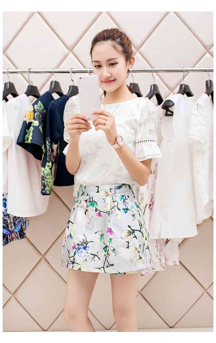 2016 summer womens casual two-piece chiffon shirt Korean fashion bust skirt pants suit
