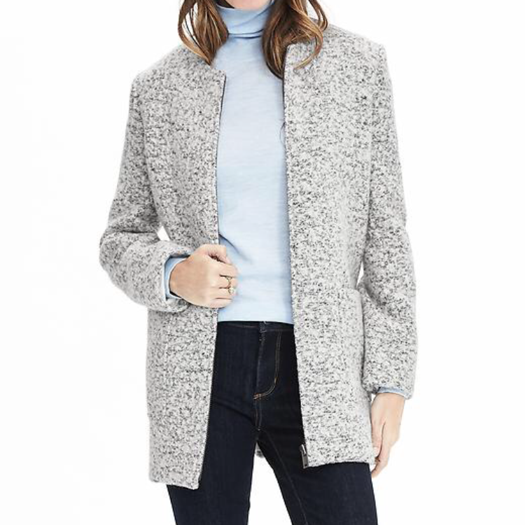 Banana Republic Zip Front Collarless Boucle Coat