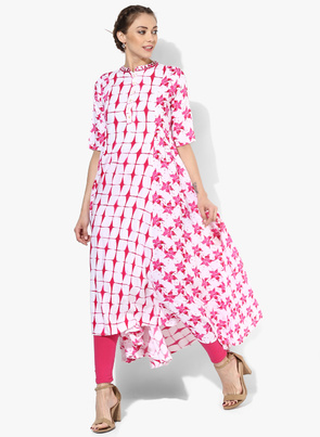 Sangria Band Collar Printed Anarkali With Elbow Sleeves & Mirror