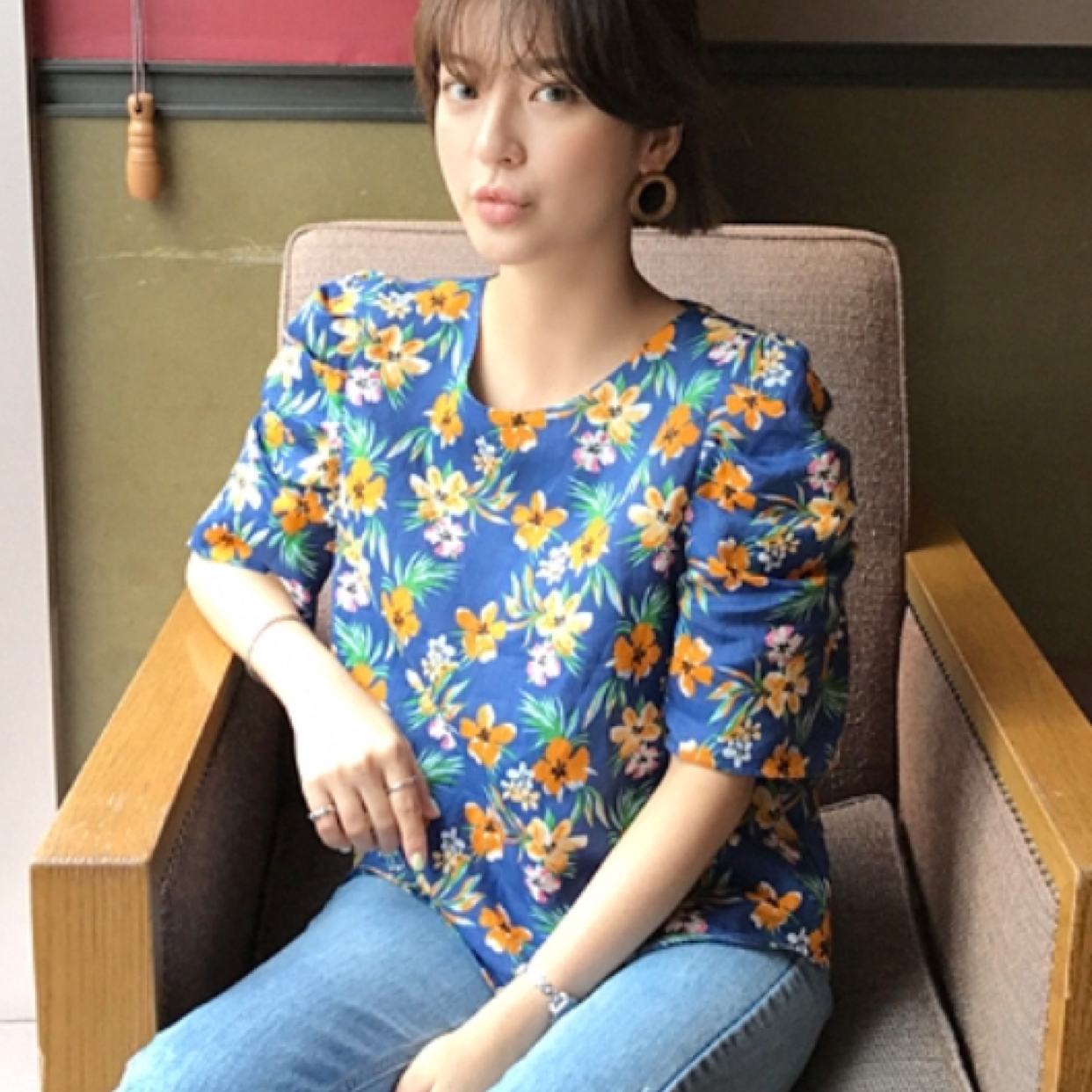 Blue orange floral blouse
