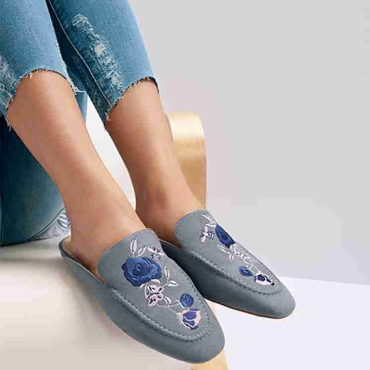Blue Slip On Loafers With Embroidery