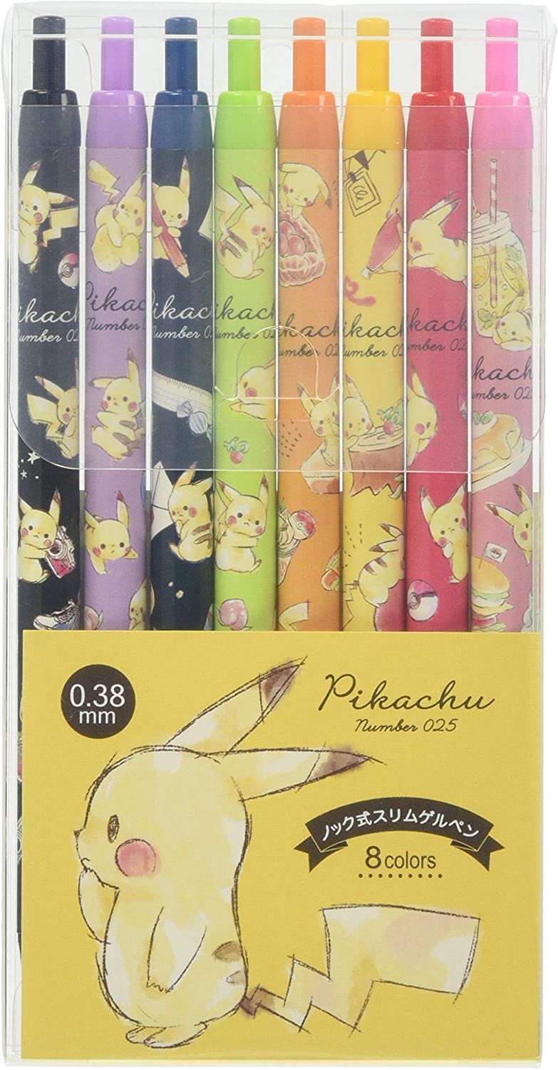 Kamio Japan 21470 Pokemon Pikachu Gel Ink Ballpoint Pen, 0.38, Set of 8 Colors