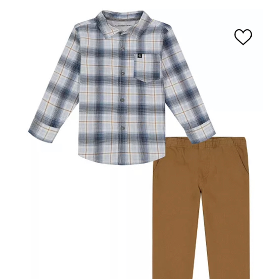 Toddler Boys Plaid Long Sleeve Button Front Shirt and Prewashed Twill Pants, 2 Piece Set